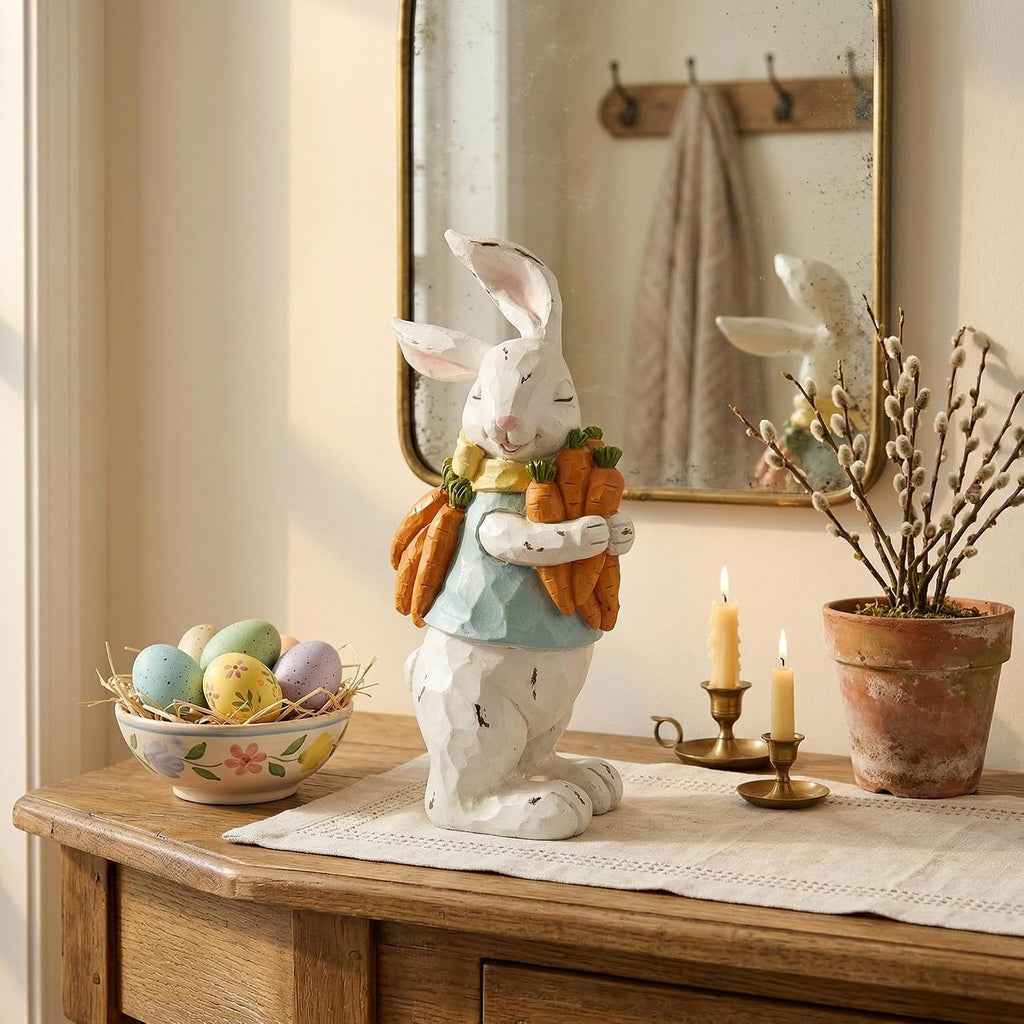Easter Decorations Bunny Resin Figurine with Carrots - 9.3'' Hand-Painted Rabbit Outdoor Statue, Spring Farmhouse