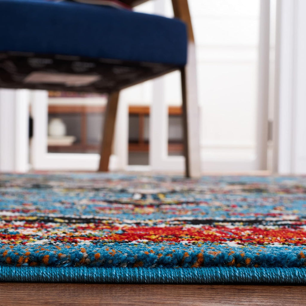 Vintage Hamadan Collection Area Rug, Blue & Red, Traditional Oriental Medallion Design, Non-Shedding &