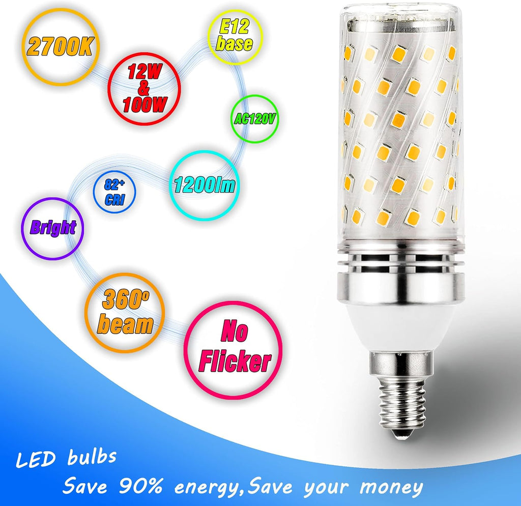 E12 100W Equivalent 12W LED Candelabra Bulb T6 C7 1200lm 2700k Soft Warm