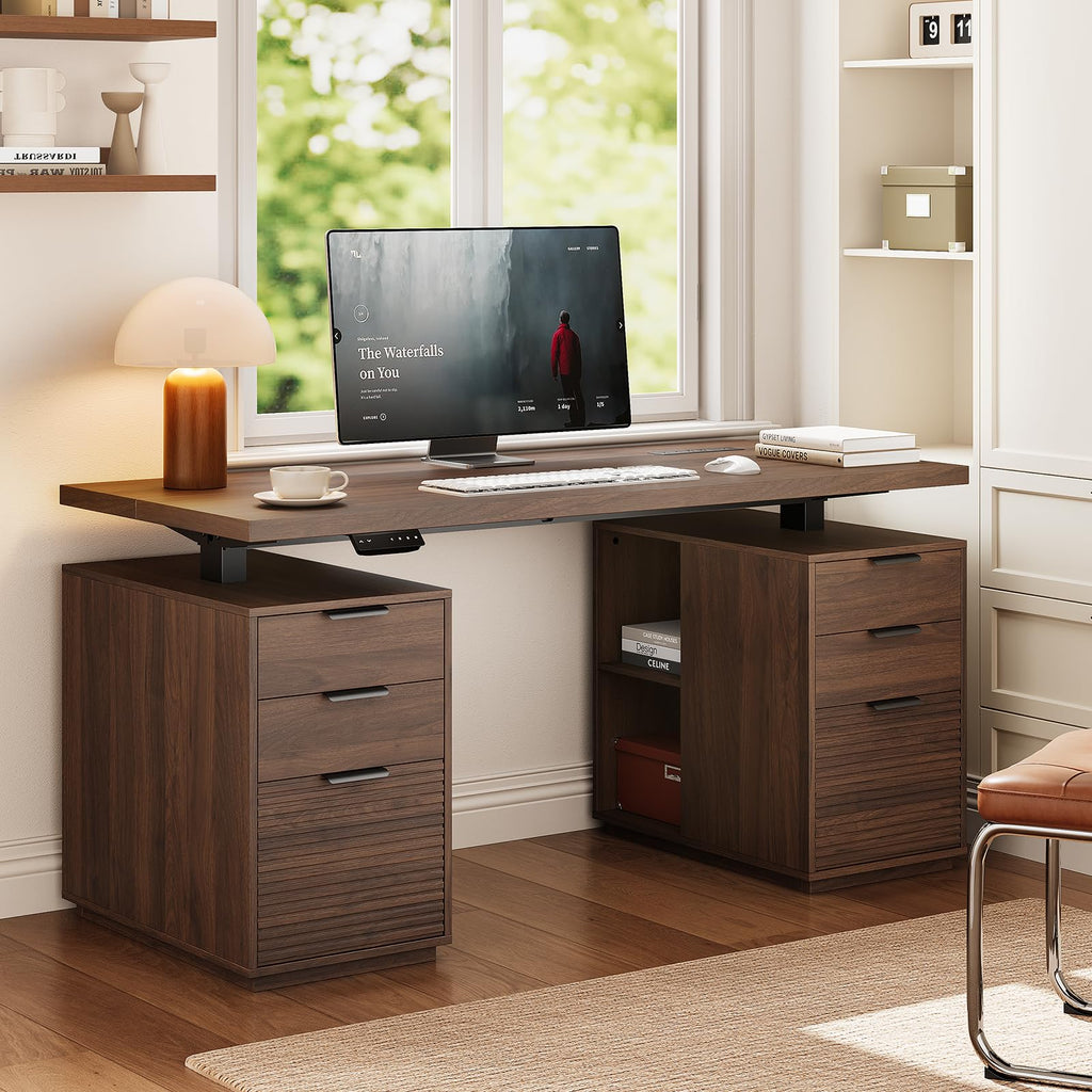 63" Electric Standing Desk with 6 Drawers, Storage Shelves, Walnut