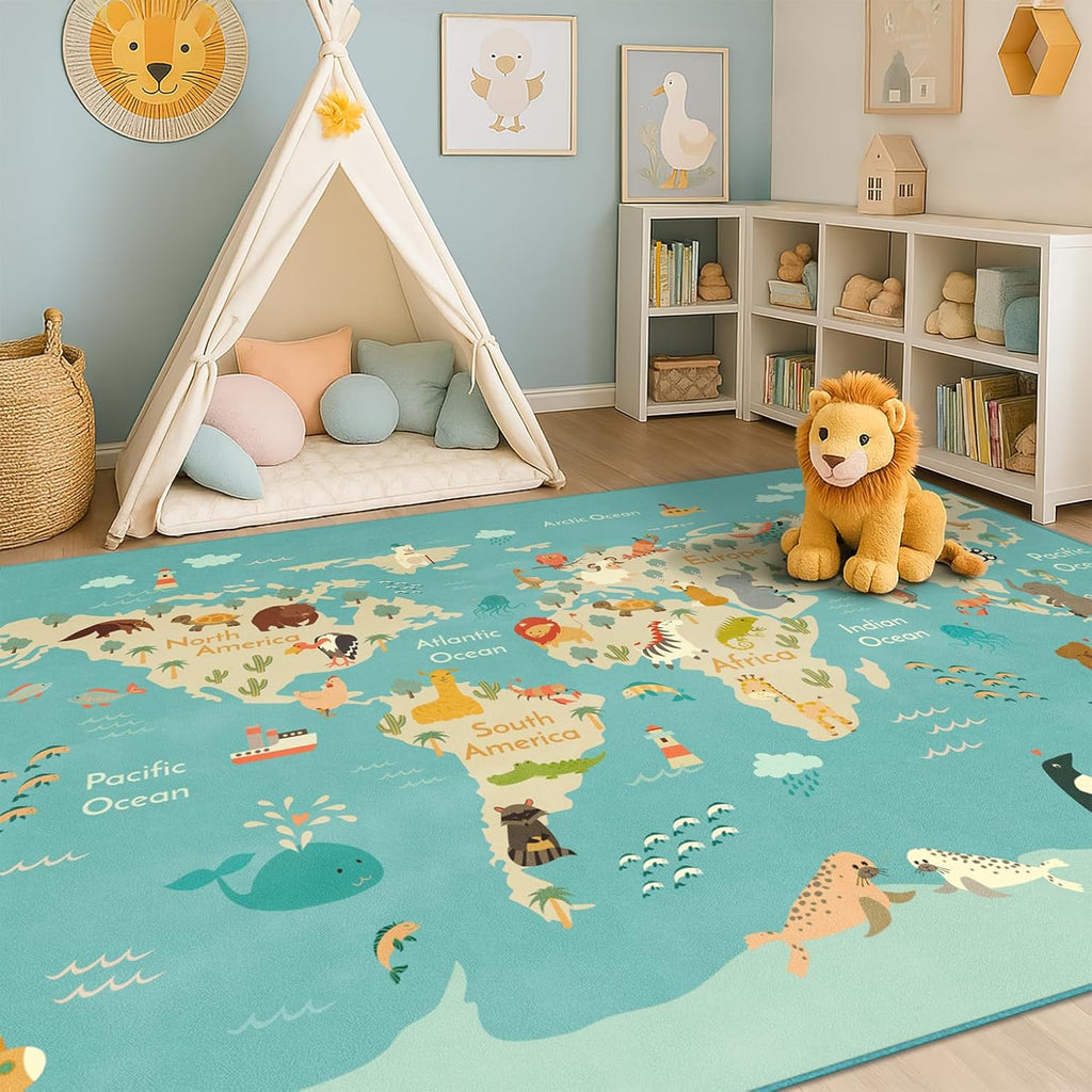 Washable Kids Playroom Rug - 5x7 Play Rug for Preschool Toddlers, Baby Girls, Educational with Cute 