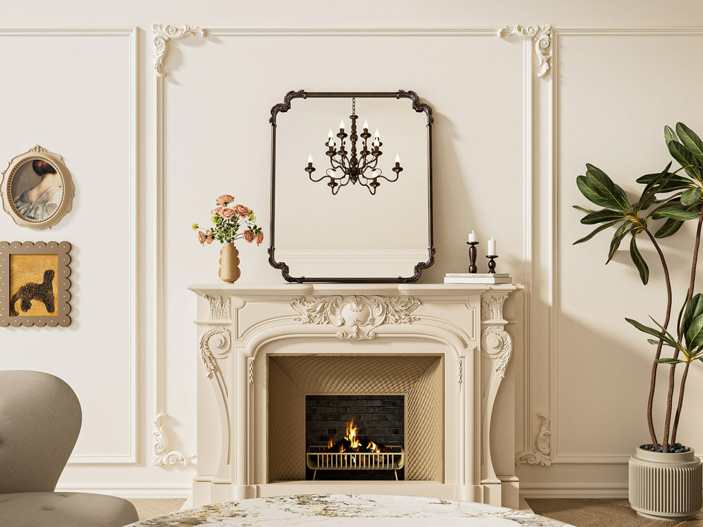 Antique Bronze Scalloped Mirror for Mantle Fireplace 30 x 36 Baroque Vintage Ornate Wall Mirror with Metal Frame for