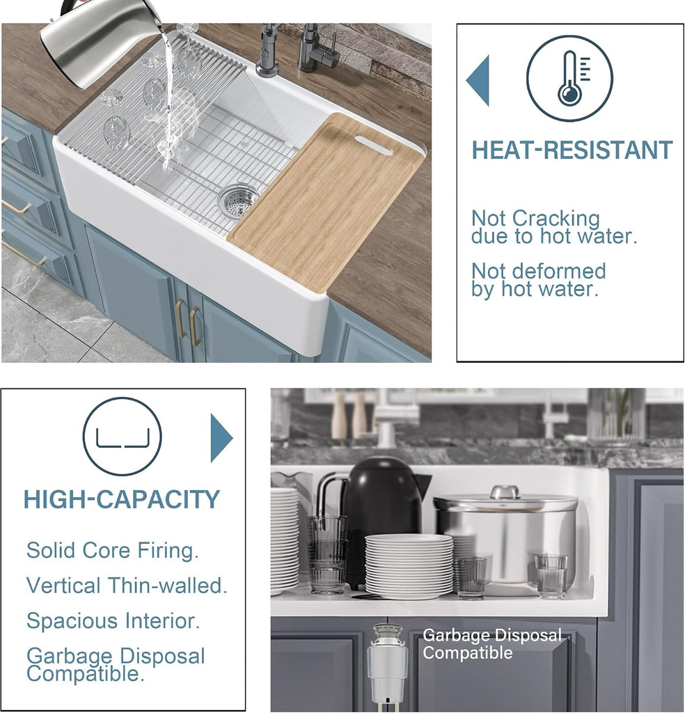 30" x 20" Apron Front Farmhouse Workstation Kitchen Sink White | , Fireclay single bowl farm style, Easy to clean