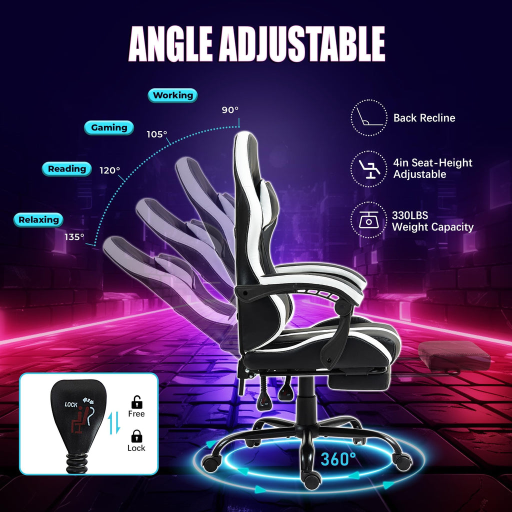 Gaming Chair with Footrest & Massage Lumbar Support, White