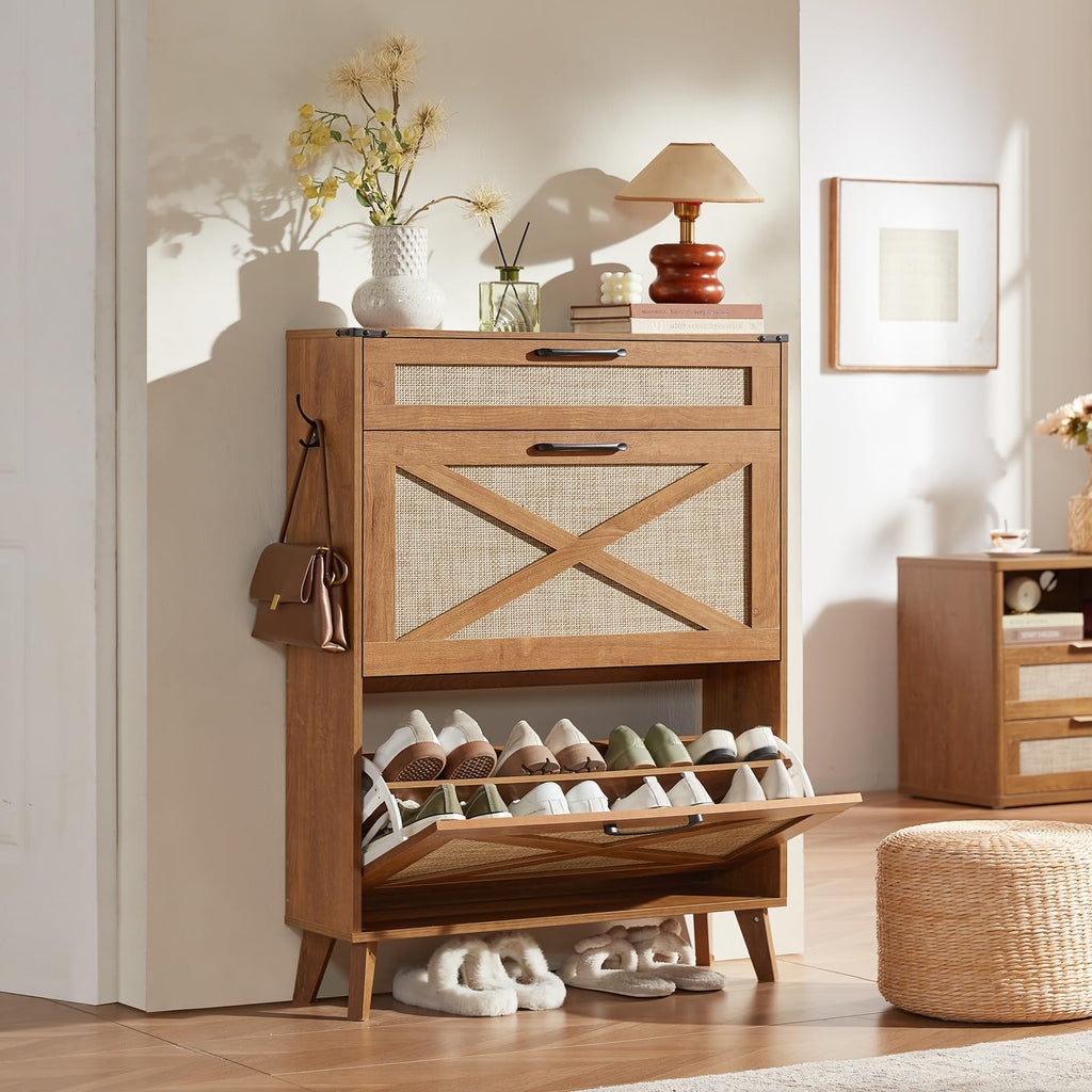 Rattan Shoe Cabinet Storage With 2 Flip Drawers