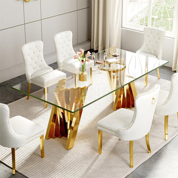 70" Modern Glass Gold Dining Table for 6-8, Luxury Dining Table with Tempered Glass Top & Mirror Finish Stainless