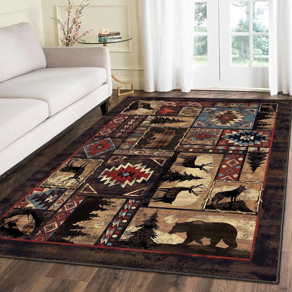 Bear Area Rug, Rustic Cabin Rug Mat Farmhouse Brown Rugs Retro Lodge Runner Carpet Moose Deer Non Slip Floor Mat