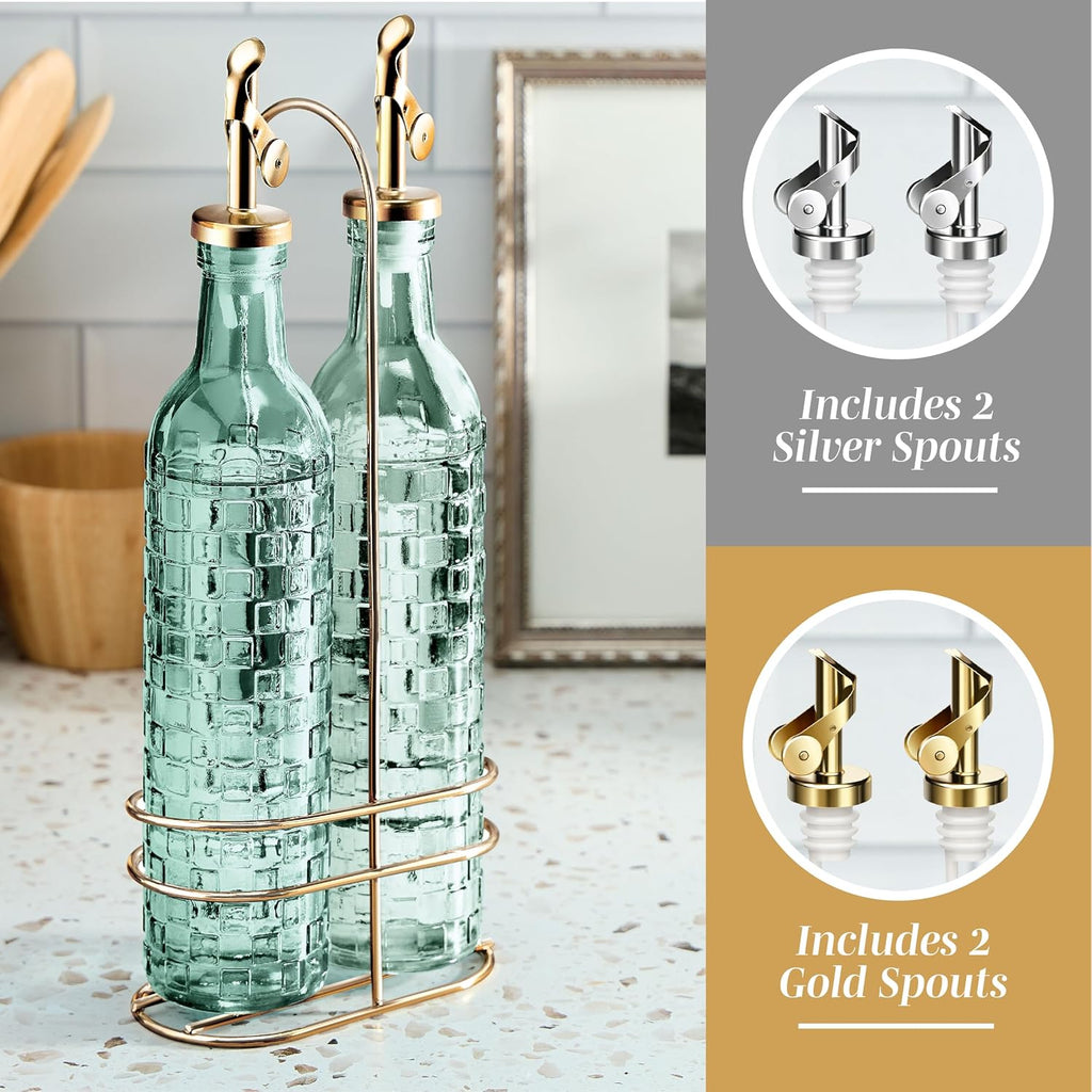 Glass Olive Oil Bottle Dispenser - 2 Pack- 17oz Oil and Vinegar Cruet - Olive Oil Carafe Decanter, Checkered, Green - Set of 2