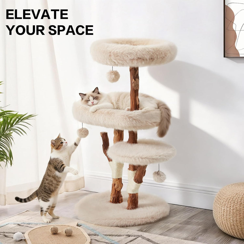 44" Heavy-Duty Stable Natural Wood Cat Tree for Large Cats