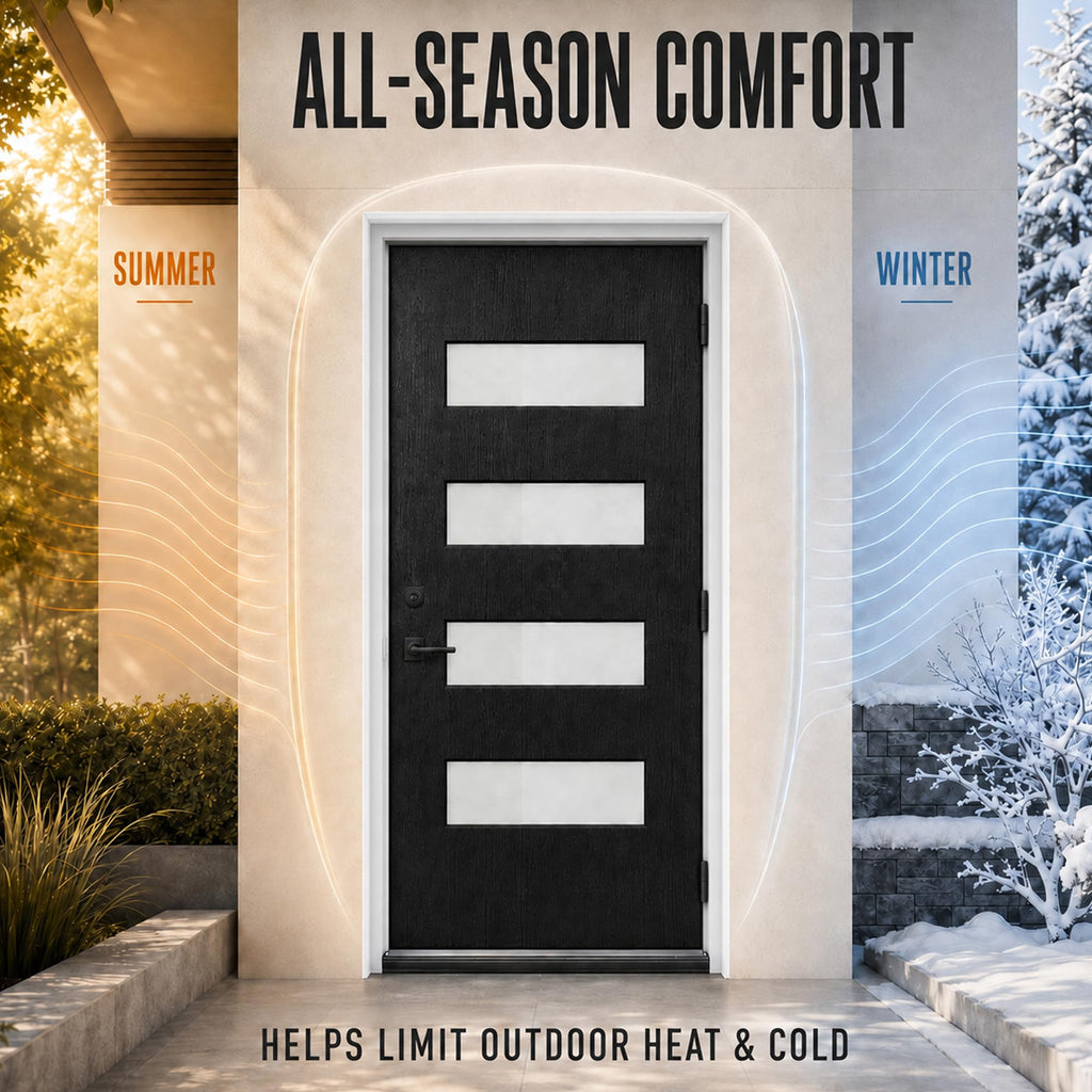 36 x 80 Black Fiberglass Front Entry Door, Woodgrain Texture, 4-Lite Frosted Low-E Glass, 4-9/16" Vinyl Frame &