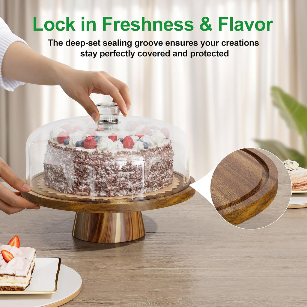 12 Inch Acacia Wood Cake Stand with Lid, 2-in-1 Wooden Cake Plate with Dome & Charcuterie Board, Round Cake Holder