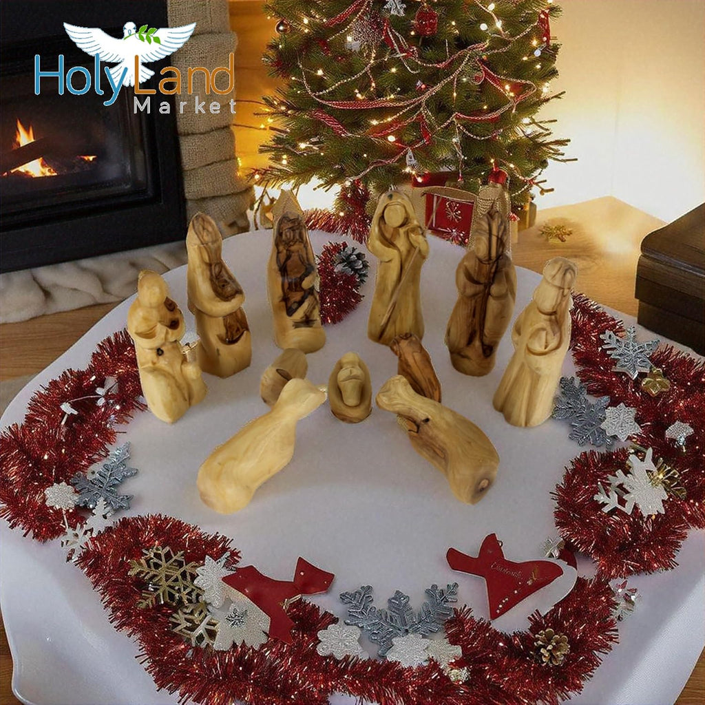 Land Market Olive Wood Nativity Set - Inspirational Christmas Decorations Indoor | Hand-Carved Modern Abstract Style