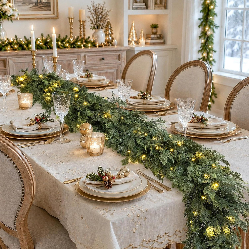 Pre-Lit Christmas Garland 9FT Decorations Real Touch Cedar Cypress Pine Greenery Artificial Green Christmas Garland