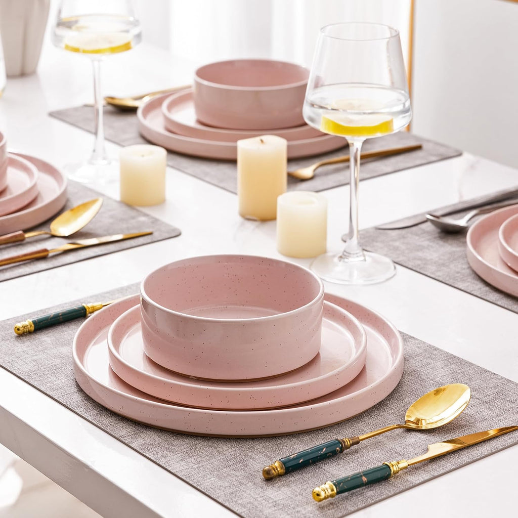 Ceramic Dinnerware Set for 4 | Speckled Stoneware Plates and Bowls with unglazed terracotta | Scratch Resistant