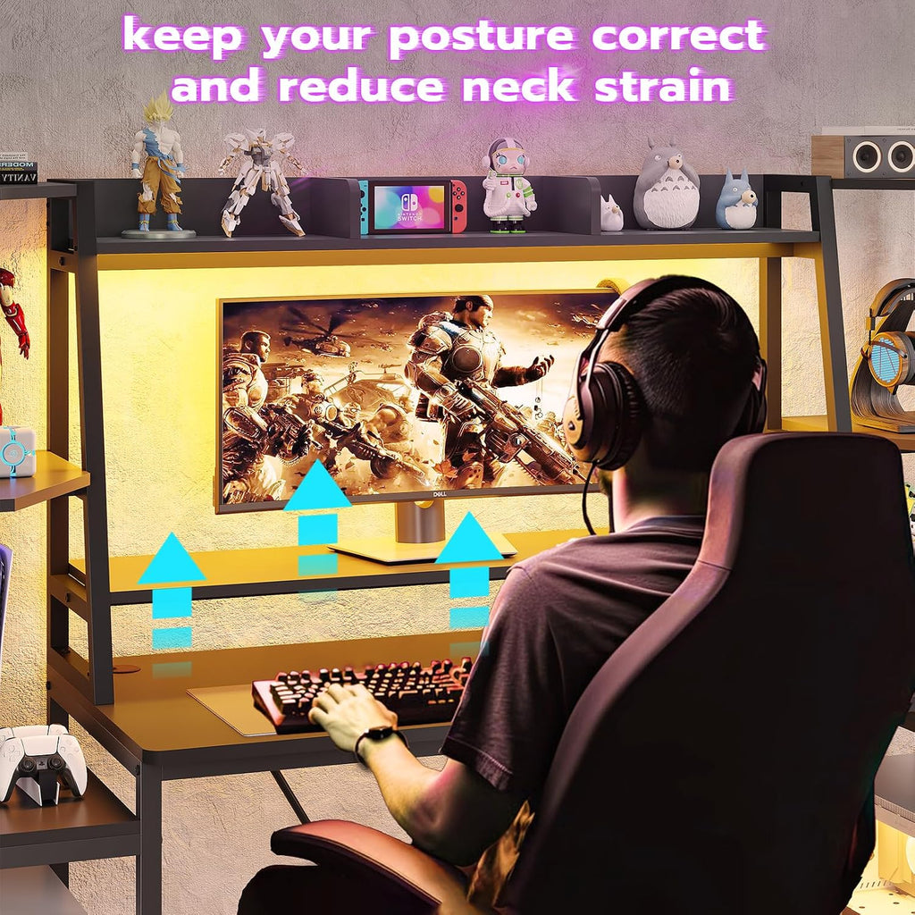 65.7'' Gaming Desk with LED Lights, Hutch and Storage Shelves, Black | Computer Desk with Monitor Stand, Large PC