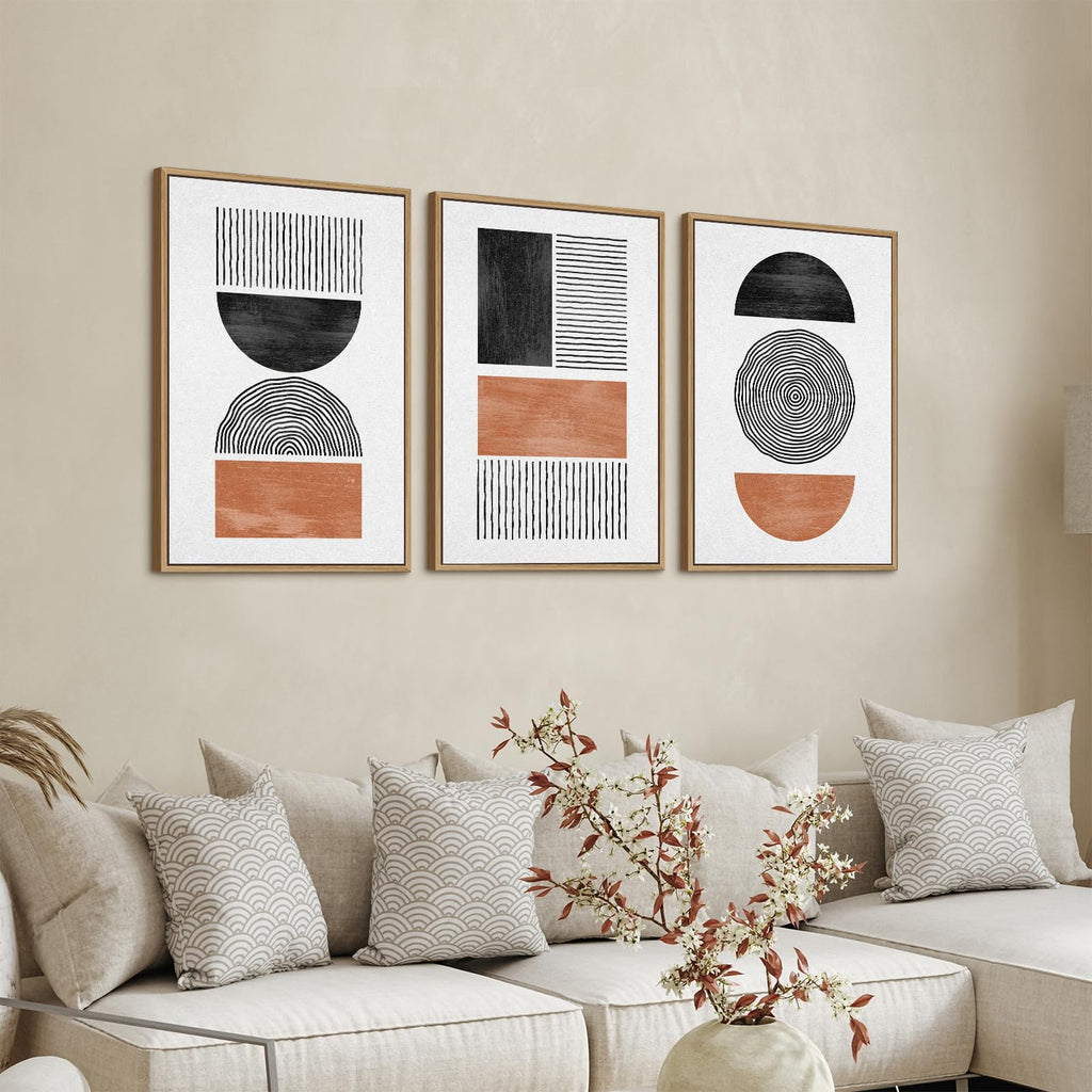 Black Brown Boho Framed Wall Art Geometric Canvas Pictures, 16"x24"x3