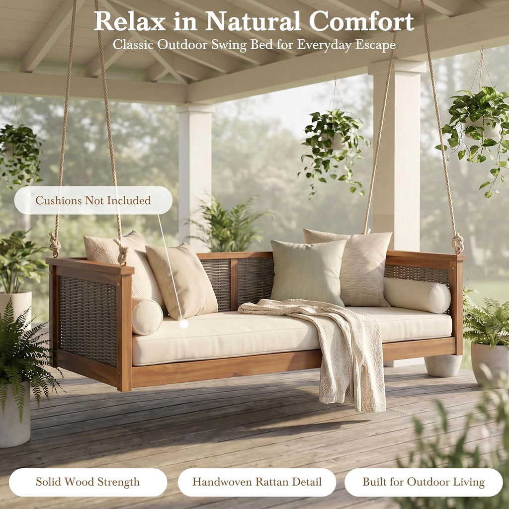 Twin Size Wooden Outdoor Swing Bed, Acacia Wood Porch Swing with Rattan Backrest and Ropes , Backyard & Garden, Teak