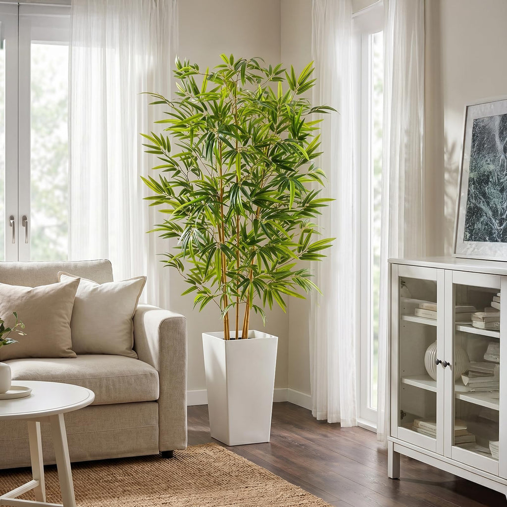 6FT Artificial Bamboo Tree with White Tall Planter, Faux Tree Indoor