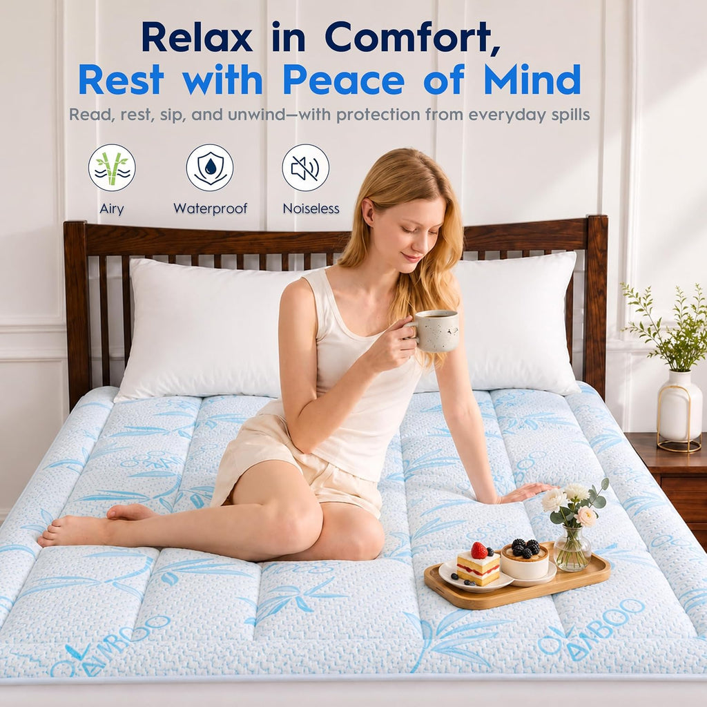 Waterproof Mattress Pad King Size, Cooling Mattress Protector for Hot Sleepers Made with Bamboo Viscose, Cloud-Soft