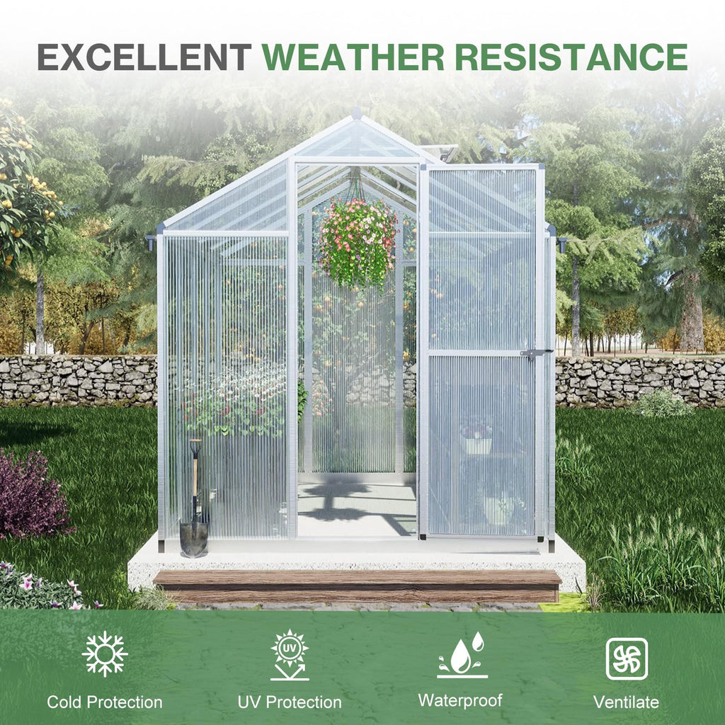 6 x 8 Ft Walk-in Greenhouse with Gutter, Adjustment Skylight