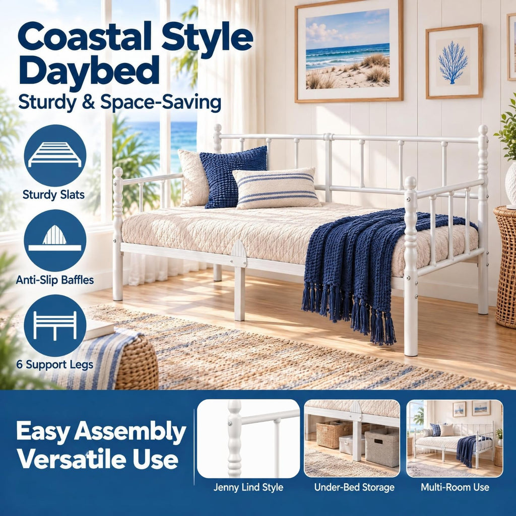 14 Inch Classic Twin Daybed, Metal Sofa Bed with Storage, White