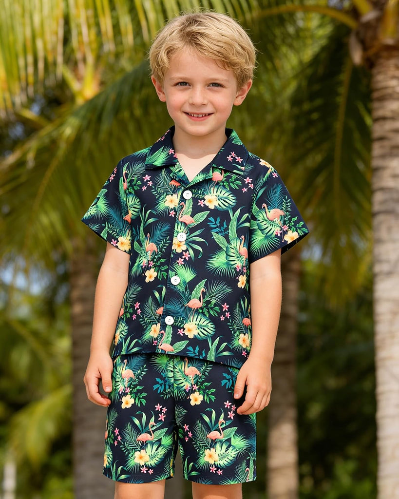Boys Hawaiian Outfit 2Pcs Set Summer Beach Button-Down Shirt Top + Shorts for Kids