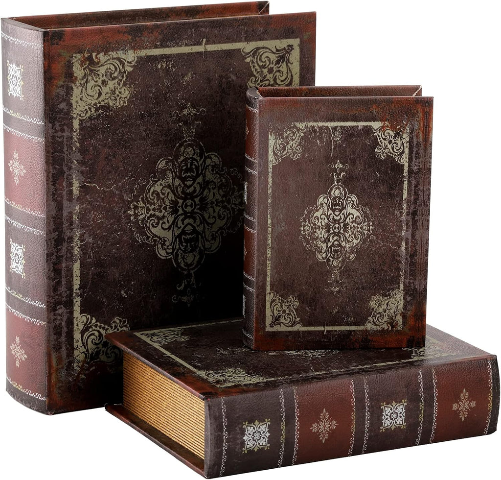 3 Pack Decorative Book Boxes with Magnetic Cover, Wooden Antique Book Decorations Vintage Storage Box - Retro Floral