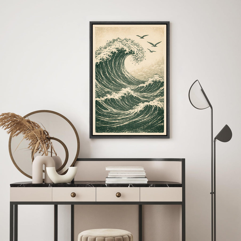Framed Vintage Ocean Wave with Seagulls Coastal Nature Wilderness Modern Art Decorative - 24"x36" BLACK