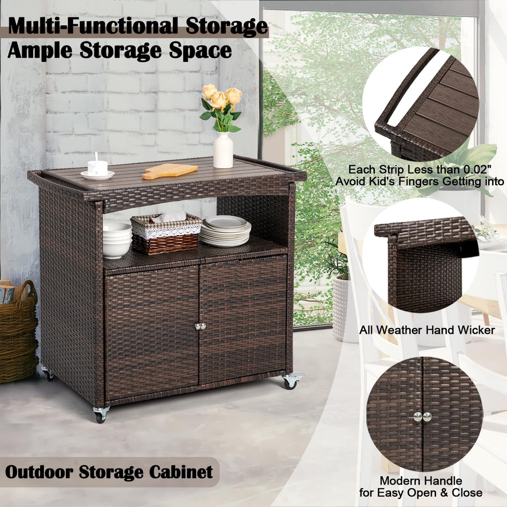 Outdoor Storage Cabinet,Outdoor Cabinet Outdoor Bar Cart with Rolling Heels Patio Bar Table with Storage Wicker