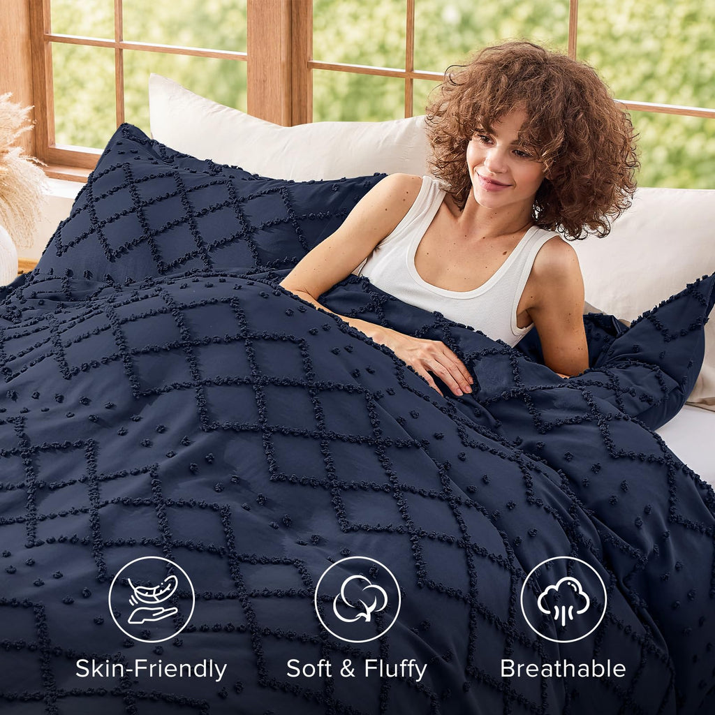 Boho Duvet Cover Set, Tufted Embroidery Bedding, 3 PCS, Navy Blue