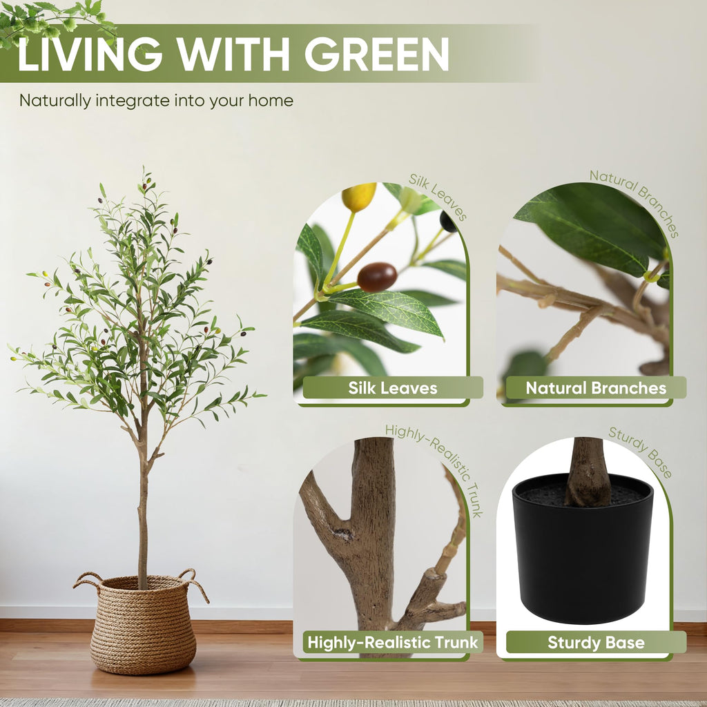 2-Pack 5 FT Olive Tree Artificial Indoor, Faux Olive Trees with Planter, Fake Tall Plants with Natural Trunk and