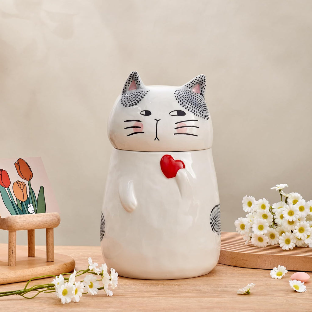 Cartoon Cat Handpainted Stoneware Air Tight White 10.2 inch Cookie Jar, Dishwasher Safe, for storing Cookie, Candy