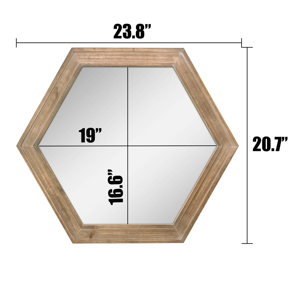 Decorative 24" Hexagon Hanging Wall Mirror with Natural Wood Frame and Attached Hanging Bracket, Rustic Farmhouse