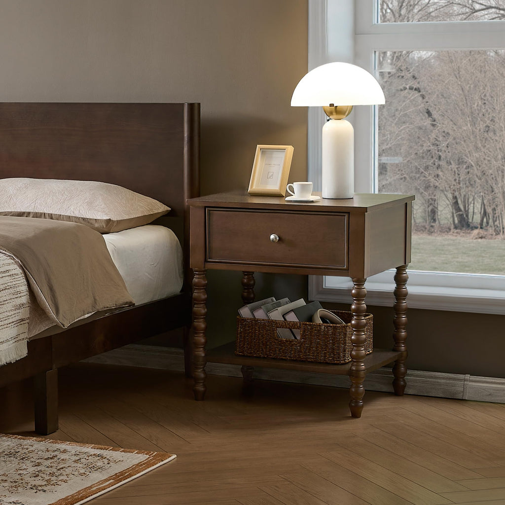 Walnut Nightstand Set of 2, Solid Wood Bedside Table, Dark 24"