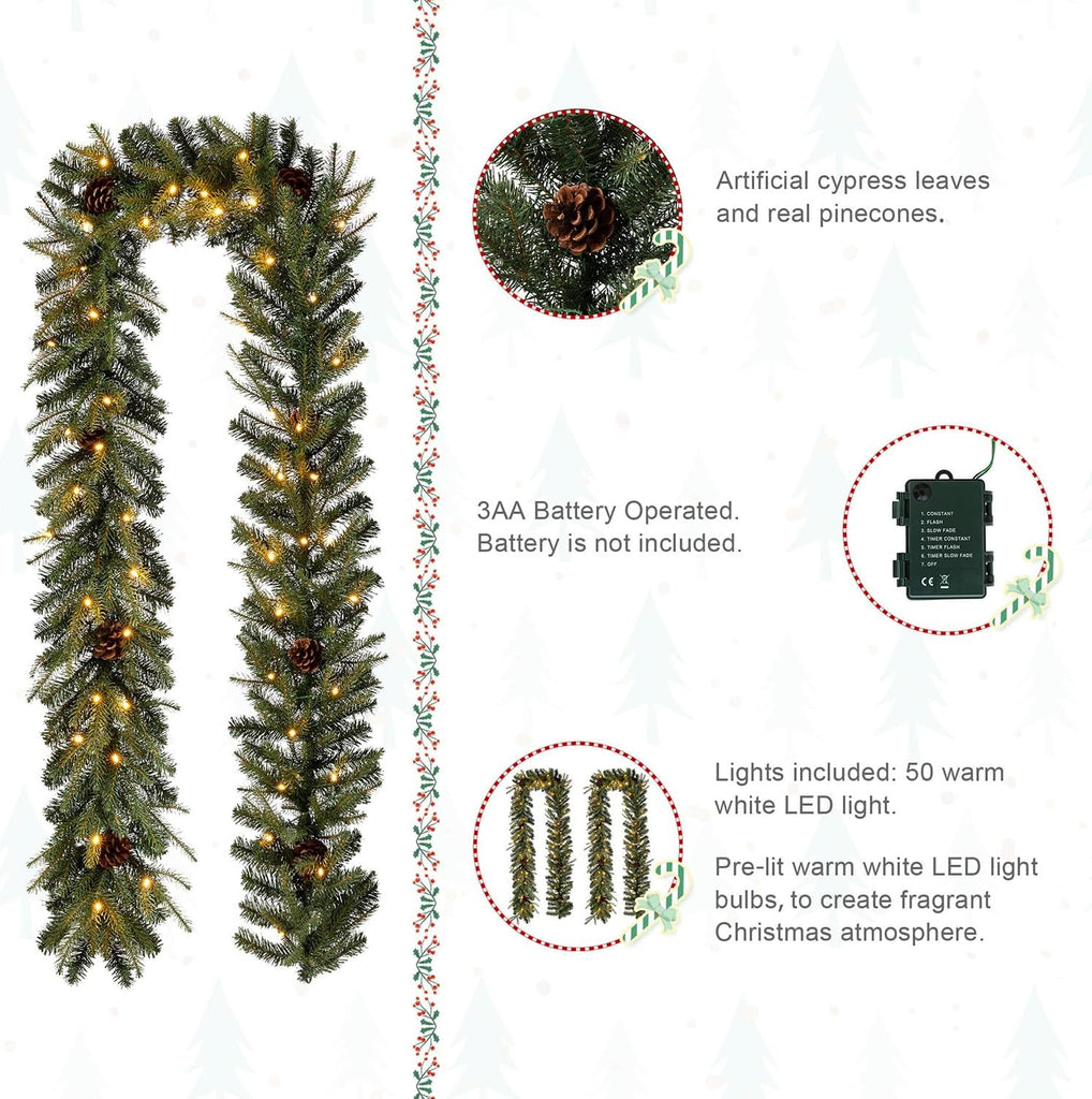 2PCS for Mantle, Prelit Greenery Garland Pine Cone Christmas Garland with Lights and Timer for Fireplace, Dining