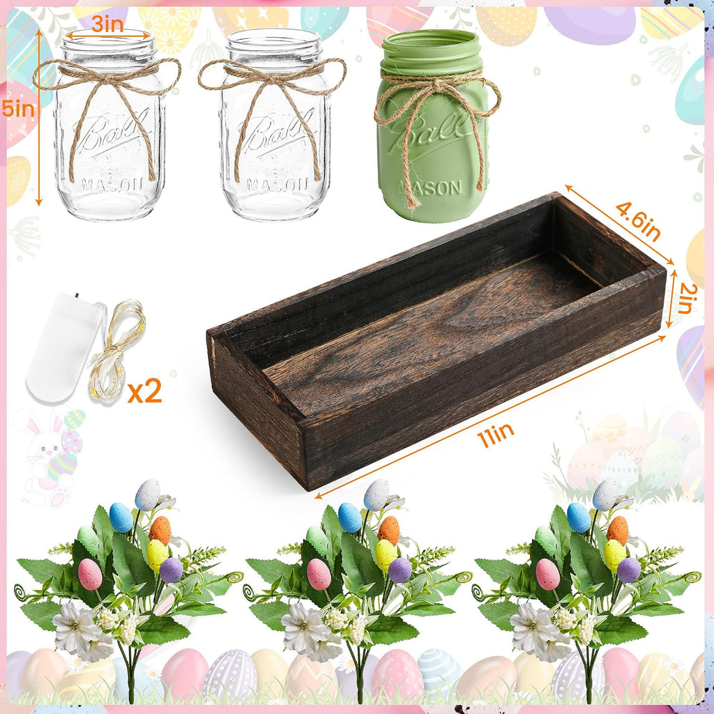 Easter Centerpiece Table Decorations for Table Runner Farmhouse Coffee Table Decor with Wood Tray and Led Light Table - Set of 3