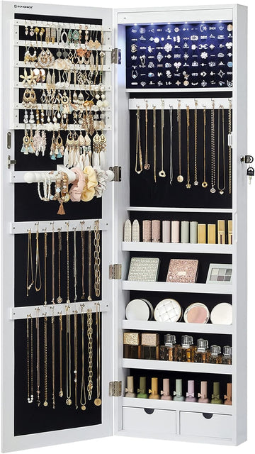 6 LEDs Mirror Jewelry Cabinet, 47.2-Inch Tall Lockable Wall or Door Mounted Jewelry Armoire Organizer with Mirror, 2