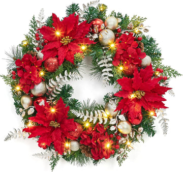 Pre-Lit Christmas Wreath for Front Door, 24 Inch Large Xmas Wreath for Holiday Decor, Battery Operated Xmas Lighted