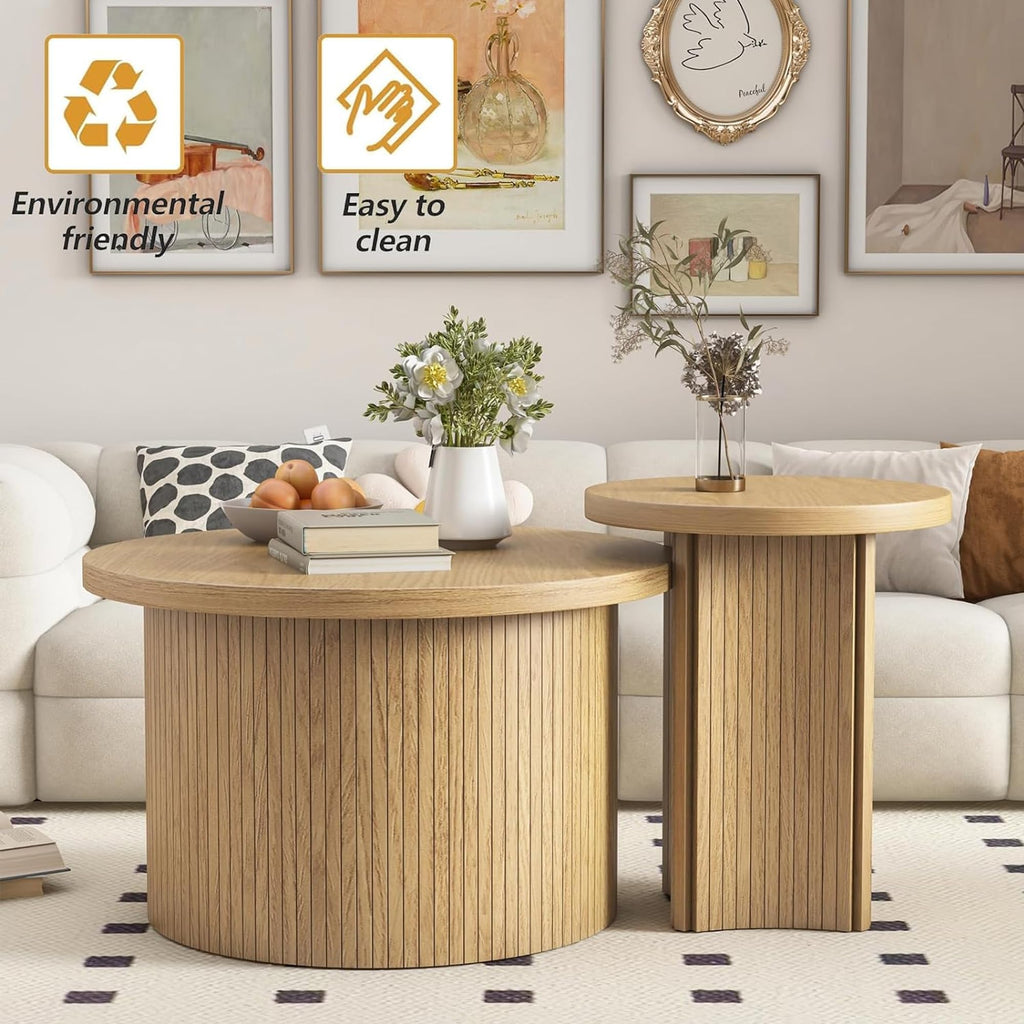 Farmhouse Set of 2 Nesting Coffee Tables, Round Coffee Set Saves Space