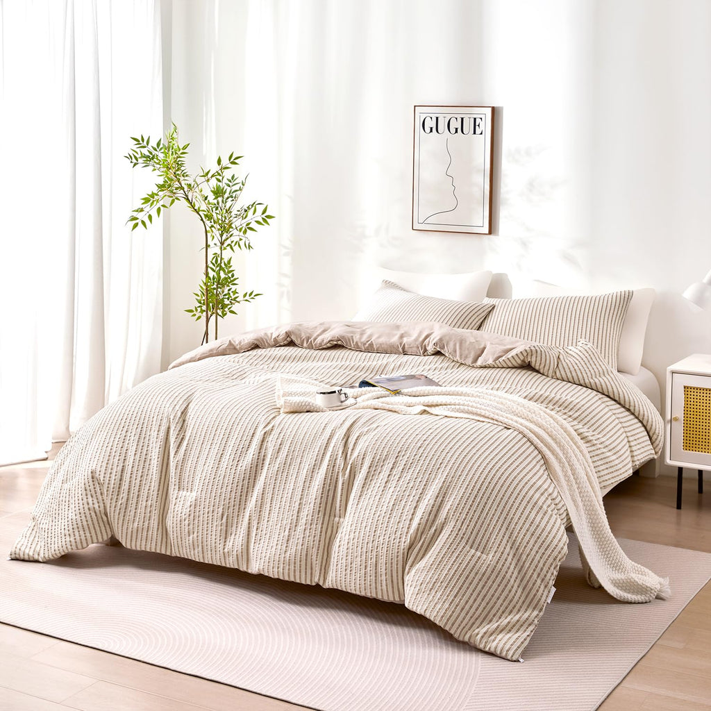 Boho Comforter Set Queen Size Tan Beige & White Striped Tufted Bedding 3 Pcs
