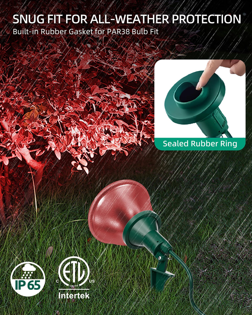 Outdoor Flood Light Holder with Ground Stake, Plug-in Waterproof Spotlight Fixture, PAR38 Compatible, E26 Socket, 6FT
