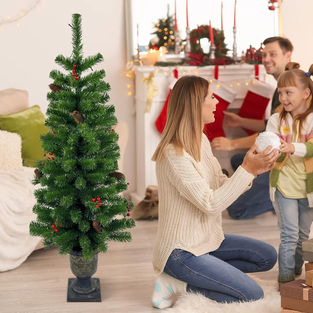 4FT Artificial Potted Christmas Tree with Lights, Pre-lit Mini Christmas Tree with 50 LED Lights, Small Fake Spruce