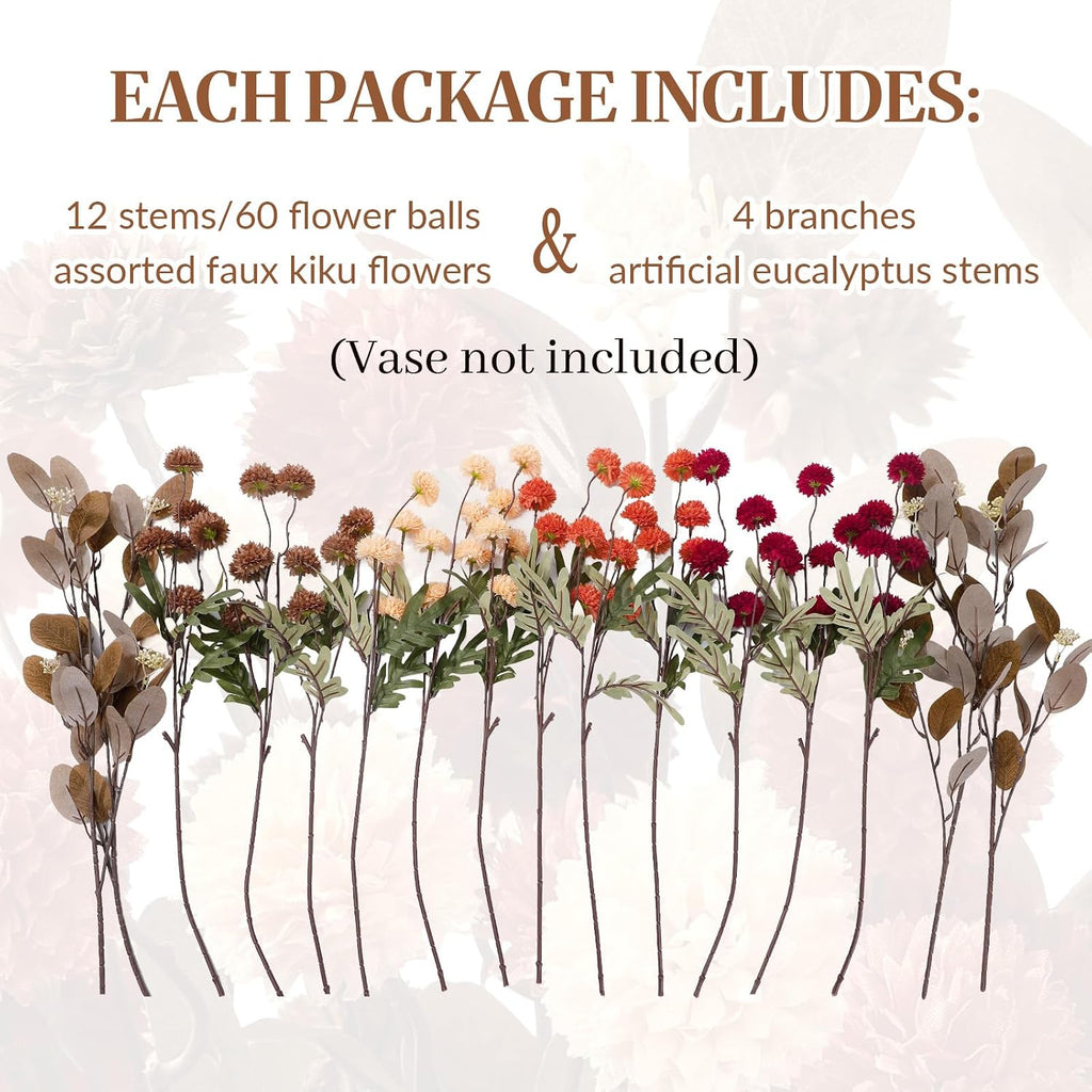 Silk Mums Artificial Fall Flowers with Eucalyptus for Vase - Set of 16