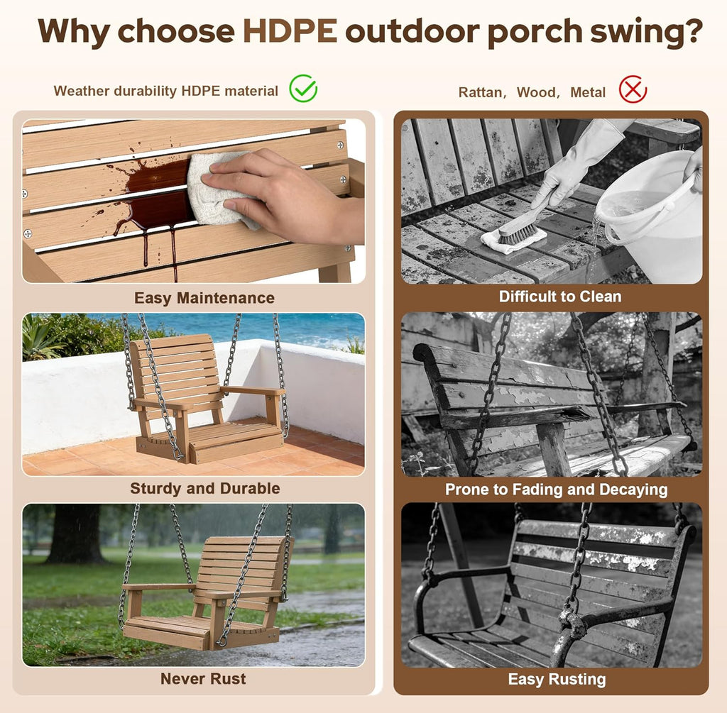 HDPE Single Hanging Porch Swing, 360 LBS Outdoor Swing Chair, Teak | Wood-Look Finish, All-Weather & Fade Resistant