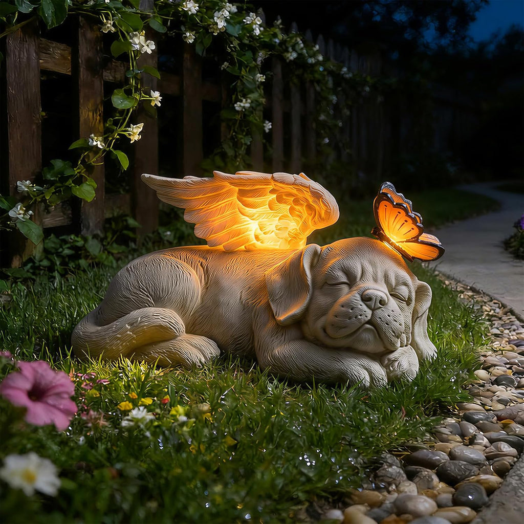 Sleeping Dog Angel Statue with Solar Light, Dog Memorial Garden Statue