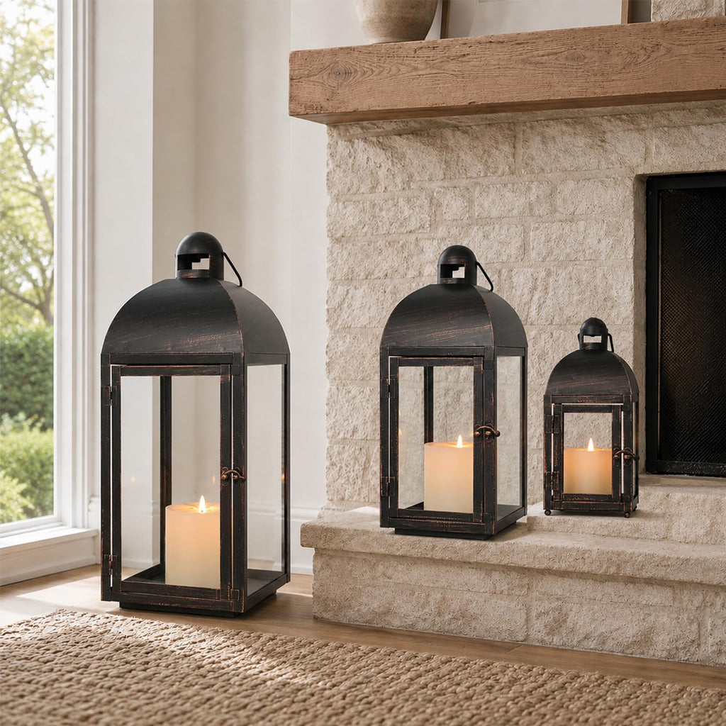 Lanterns Decorative Outdoor & Indoor, Set of 3 Outdoor Lanterns for Porch, 23" Large Candle Lantern, Bronze Metal