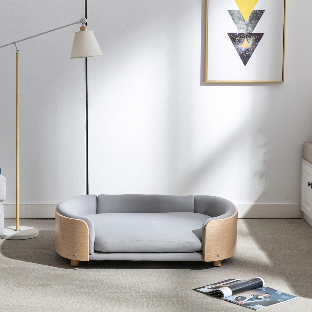 Dog Bed Pet Sofa, House Dog Cat Bed, Large Size Pet Bed with Solid Wood Frame & Washable Velvet Cushion, Modern
