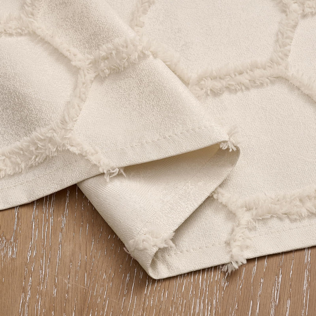 Cream Beige Geometric Curtains 84 Inches Long Back Tab Semi Sheer Fluffy Jacquard Curtains Hexagon Lattice Pattern