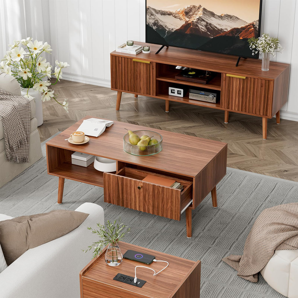 With Fluted Drawer, Mid-Century, Walnut