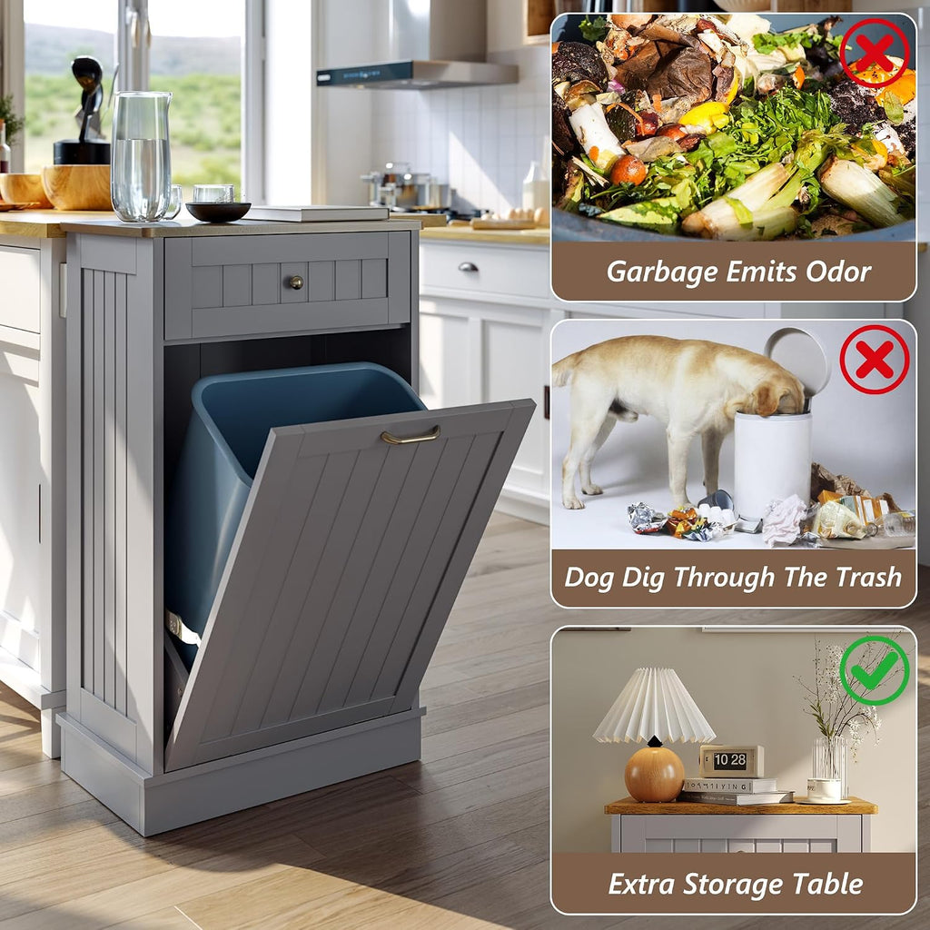 Tilt Out Trash Can Cabinet, Garbage Can Cabinet, Dog Proof Pull Out Trash Can Wood, Gray